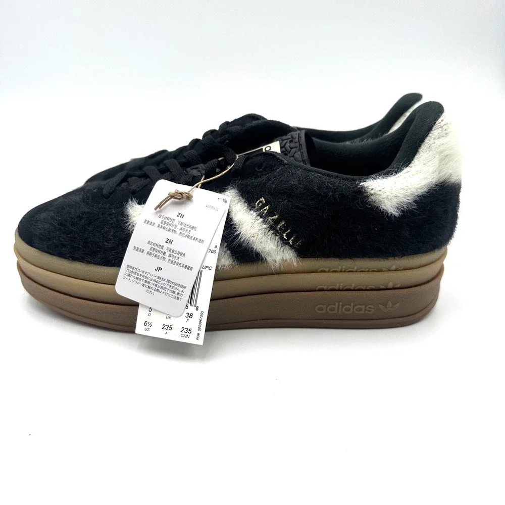 Adidas Gazelle Bold Furry Core Black/Cream White/Gold JS3907 Women's Size 6.5